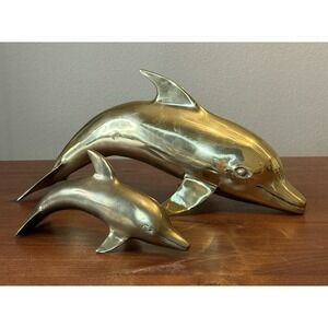 Large Vintage Brass Dolphins 15" & 8" Long- Seaside Ocean Fish Theme MCM